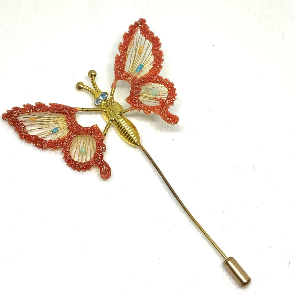 Vintage Butterfly Brooch stick Pin Gold tone Glitter Crystal Hat Sweater Coat